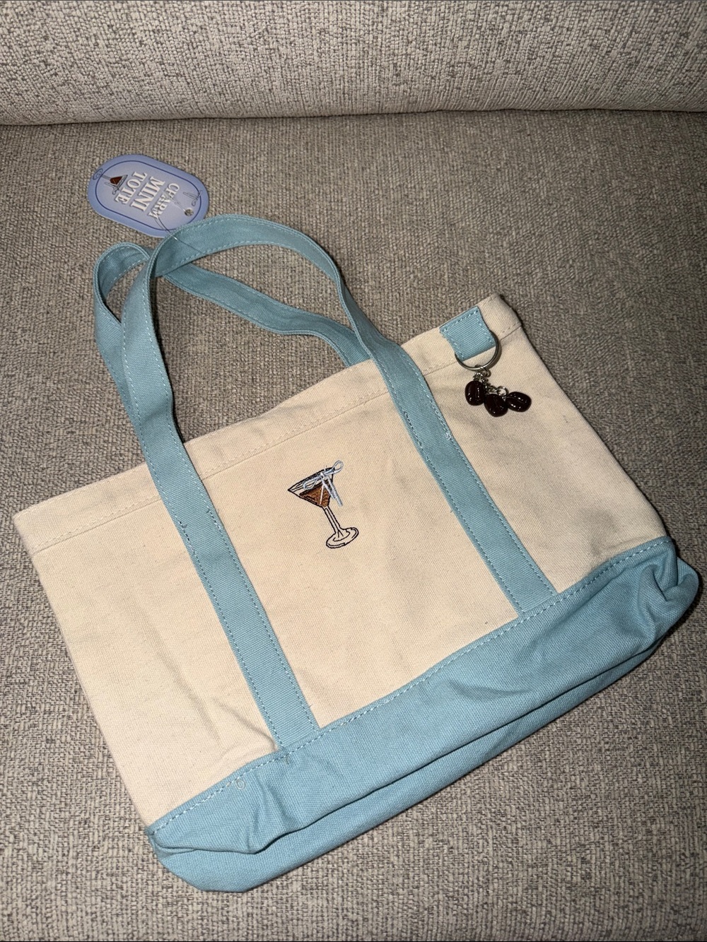 Espresso Martini Coquette Blue Bow Canvas Mini Tote Bag w Coffee Beans Charm